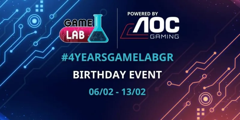 Αφίσα για το GameLab Birthday Event με λογότυπα GameLab και AOC Gaming.
