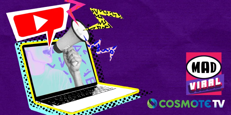 Γραφικό Mad Viral με laptop, τηλεβόα και λογότυπα YouTube και Cosmote TV.