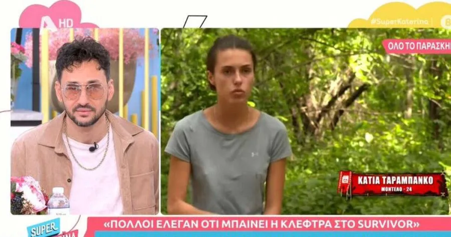 Ο Πάνος Καλίδης σε τηλεοπτικό παράθυρο και η Κάτια Ταραμπάνκο σε πλάνο από το Survivor.