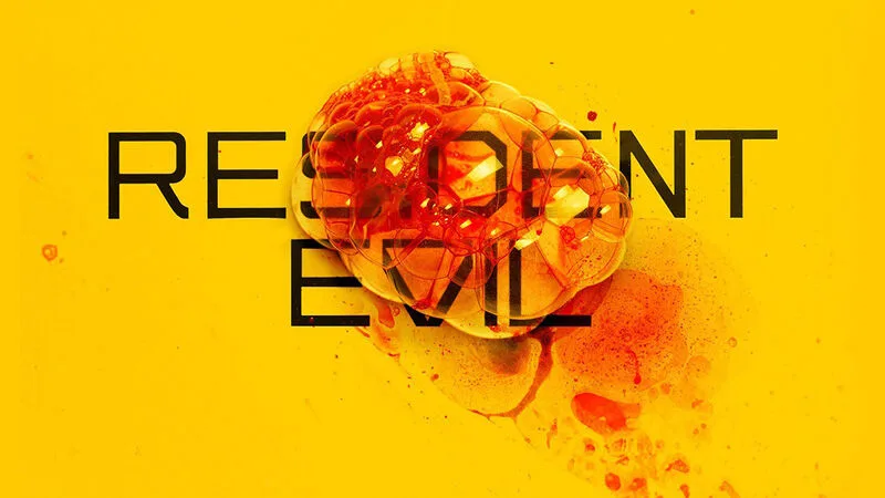 Το λογότυπο της σειράς Resident Evil σε κίτρινο φόντο με κόκκινες φυσαλίδες.