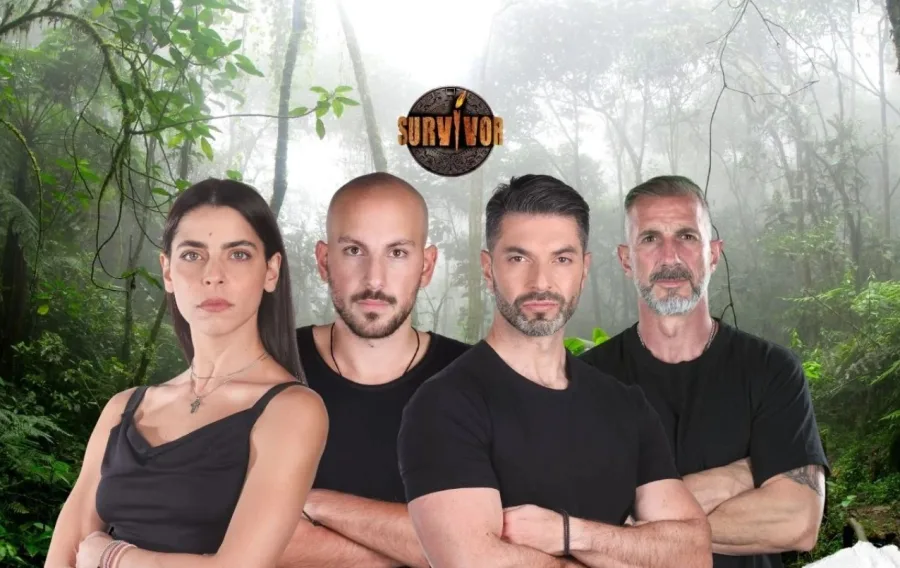 Τέσσερις παίκτες του Survivor σε φόντο ζούγκλας.