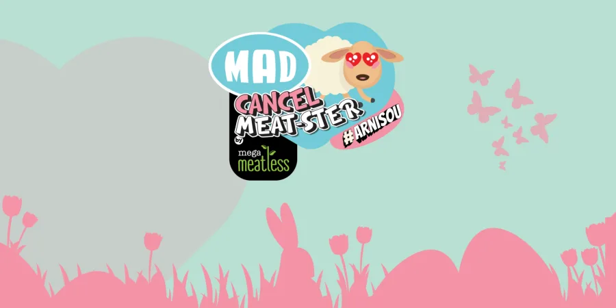 Mad CancelMeatSter by Mega Meatless γραφικό με πρόβατο και πασχαλινά στοιχεία.