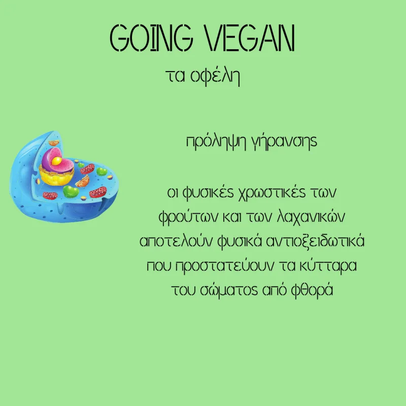 Γραφικό για τα οφέλη της vegan διατροφής με απεικόνιση κυττάρου.