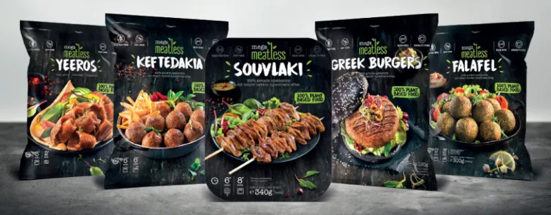 Συσκευασίες φυτικών προϊόντων Mega Meatless.