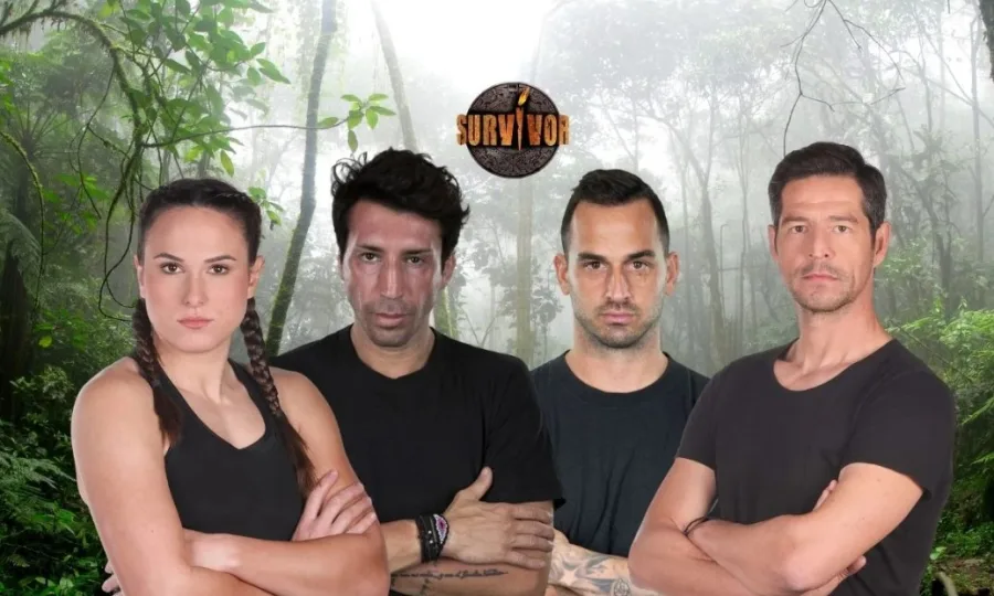 Τέσσερις παίκτες του Survivor σε φόντο ζούγκλας.