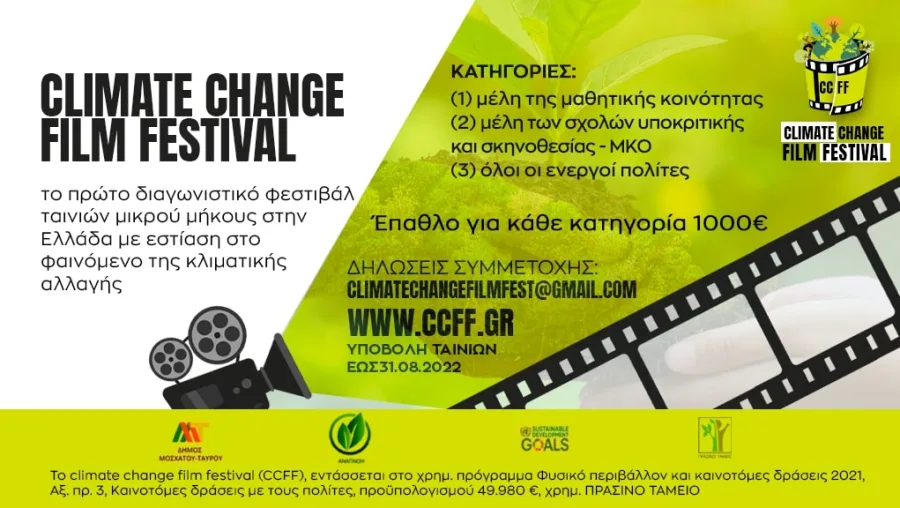 Αφίσα για το Climate Change Film Festival με πράσινο φόντο και κινηματογραφικά στοιχεία.