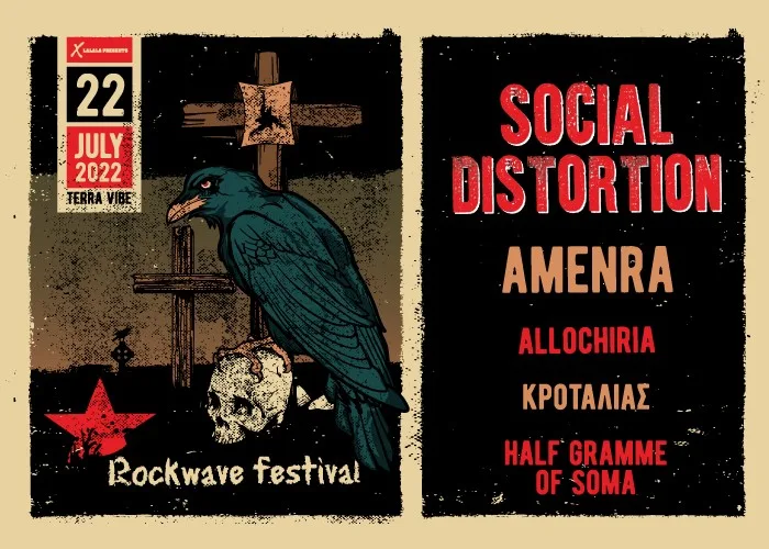 Αφίσα του Rockwave Festival 2022 με κοράκι πάνω σε κρανίο και σταυρούς.
