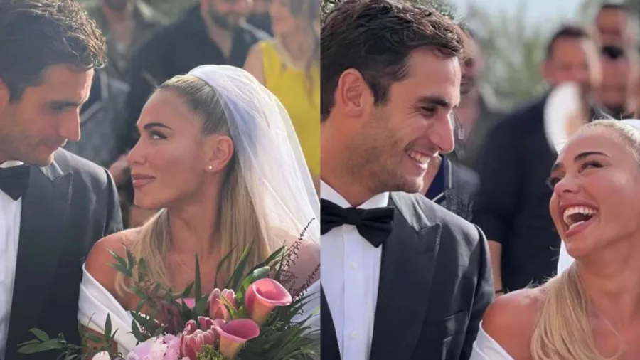 Η Konnie Μεταξά και ο Μάριος Καπότσης σε στιγμιότυπα από τον γάμο τους.