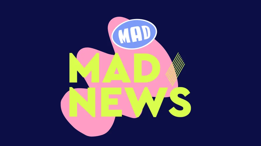 Λογότυπο MAD NEWS σε σκούρο μπλε φόντο με ροζ και κίτρινα γραφικά στοιχεία.
