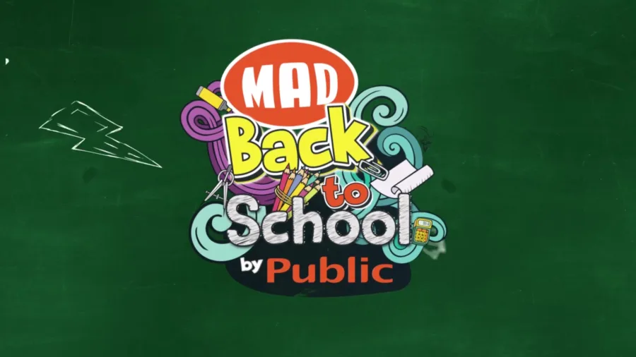 Λογότυπο Mad Back to School by Public σε πράσινο φόντο μαυροπίνακα.
