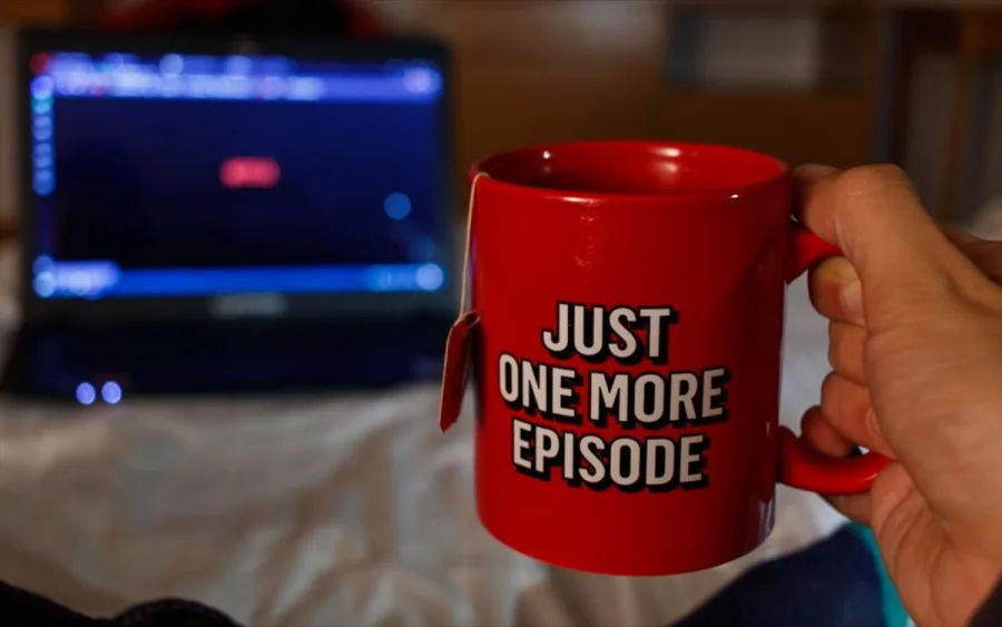 Κόκκινη κούπα με το μήνυμα Just One More Episode μπροστά από λάπτοπ με Netflix.