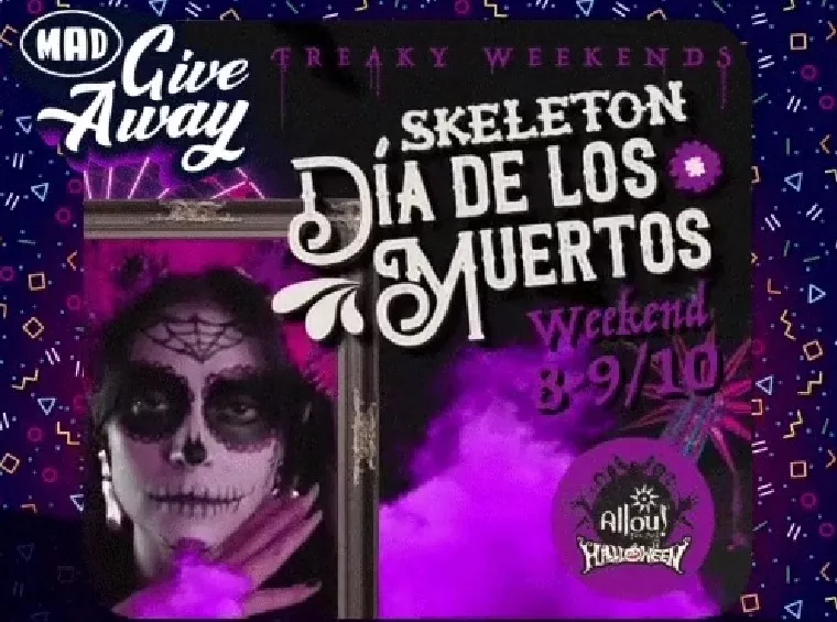 Αφίσα Mad Giveaway για το Allou! Fun Park με θέμα Día de los Muertos.