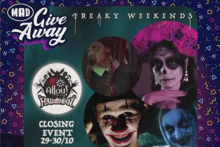 Αφίσα Mad Giveaway για τα Freaky Weekends στο Allou! Fun Park με φιγούρες Halloween.