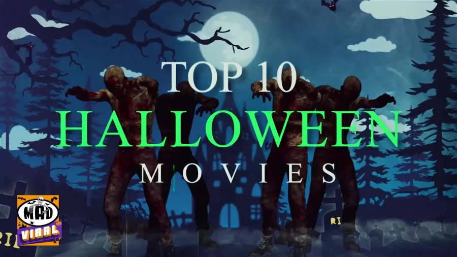 Αφίσα για το Top 10 Halloween Movies από το Mad Viral με ζόμπι σε νεκροταφείο.