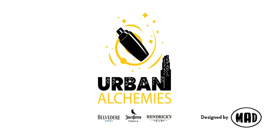Λογότυπο Urban Alchemies με σέικερ κοκτέιλ, αστέρια και σιλουέτα πόλης.