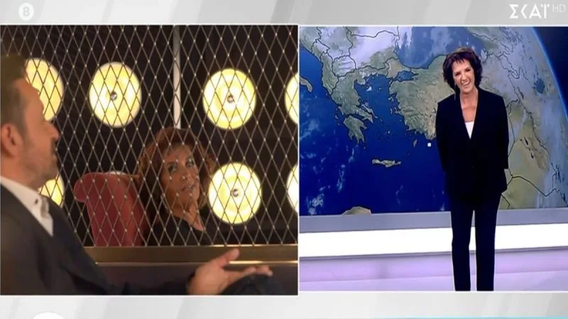 Στιγμιότυπο από τηλεοπτική εκπομπή με την Χριστίνα Σούζη να παρουσιάζει τον καιρό.