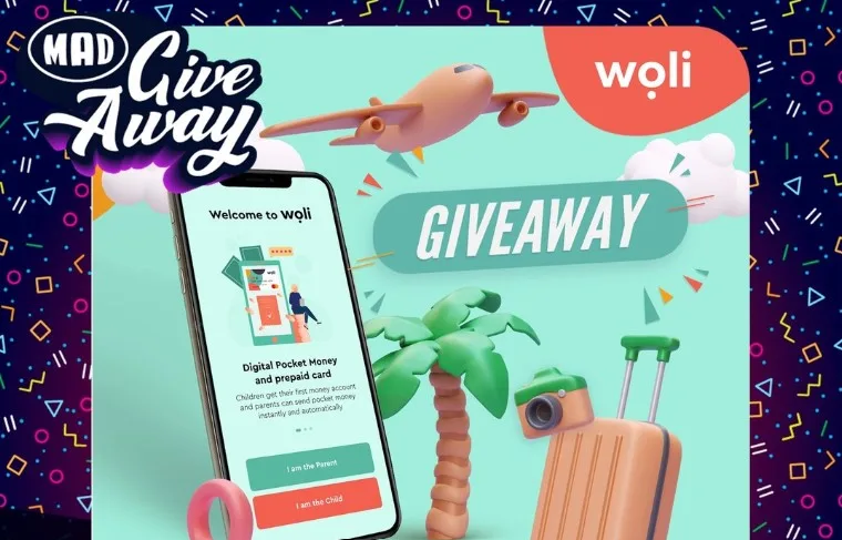 Διαφημιστικό γραφικό Mad Giveaway με smartphone, αεροπλάνο, φοίνικα και βαλίτσα.