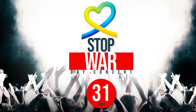 Αφίσα για την αντιπολεμική συναυλία STOP WAR Day Concert με πλήθος κόσμου.