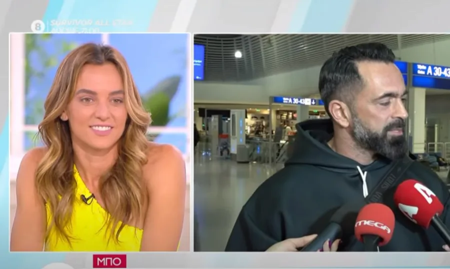 Η Καρολίνα Καλύβα σε τηλεοπτικό πλατό και ο Μπο σε δηλώσεις σε αεροδρόμιο.