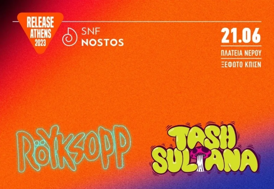 Αφίσα του Release Athens 2023 και SNF Nostos με τους Röyksopp και Tash Sultana.
