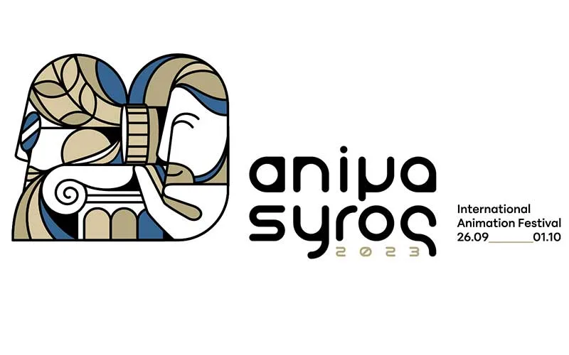 Λογότυπο Animasyros 2023 με γραφική αναπαράσταση αρχαίου κίονα, κάμερας και προσώπου.