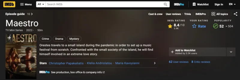 Στιγμιότυπο οθόνης από τη σελίδα της σειράς Maestro στο IMDb.