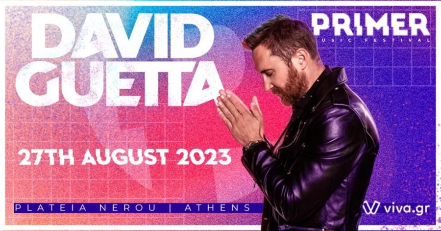 Αφίσα του David Guetta για το Primer Music Festival 2023 στην Αθήνα.