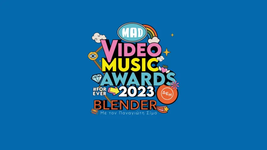 Λογότυπο Mad Video Music Awards 2023 από τη ΔΕΗ σε μπλε φόντο.