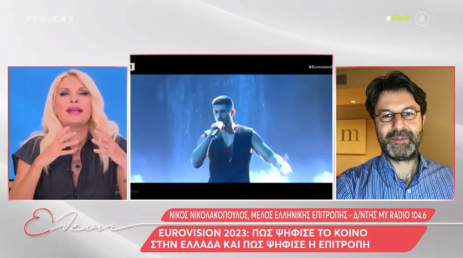 Ο Νίκος Νικολακόπουλος και η Ελένη Μενεγάκη σε τηλεοπτική εκπομπή με πλάνο από τη Eurovision 2023.