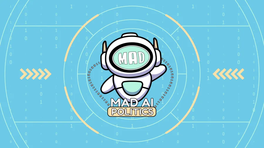 Λογότυπο MAD AI Politics με ρομπότ αστροναύτη σε γαλάζιο φόντο.