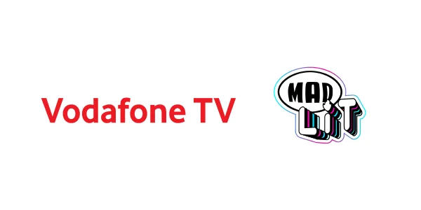 Λογότυπα Vodafone TV και MAD LIT σε λευκό φόντο.