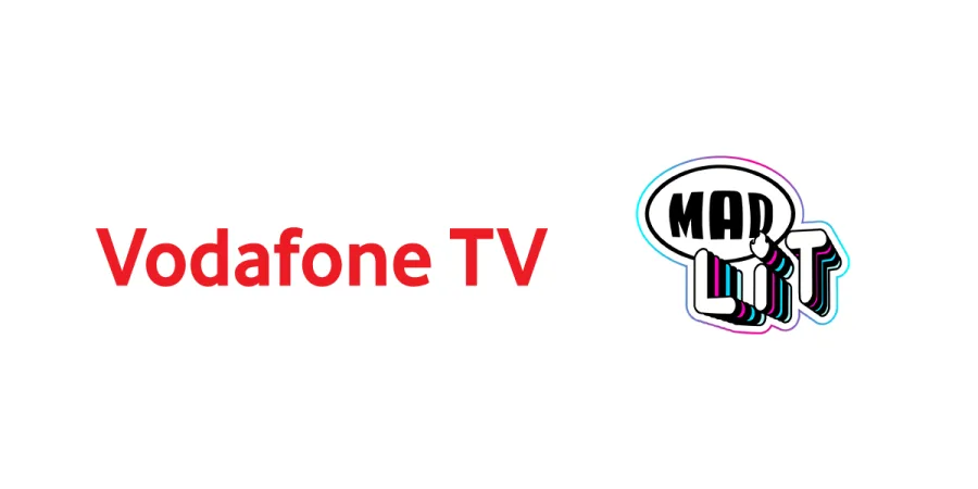 Λογότυπα Vodafone TV και MAD LIT σε λευκό φόντο.
