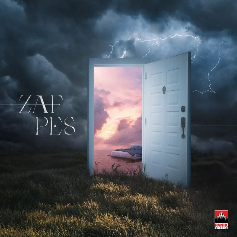 Εξώφυλλο του single Πες από τον ZAF με μια ανοιχτή πόρτα σε λιβάδι κάτω από κεραυνούς.