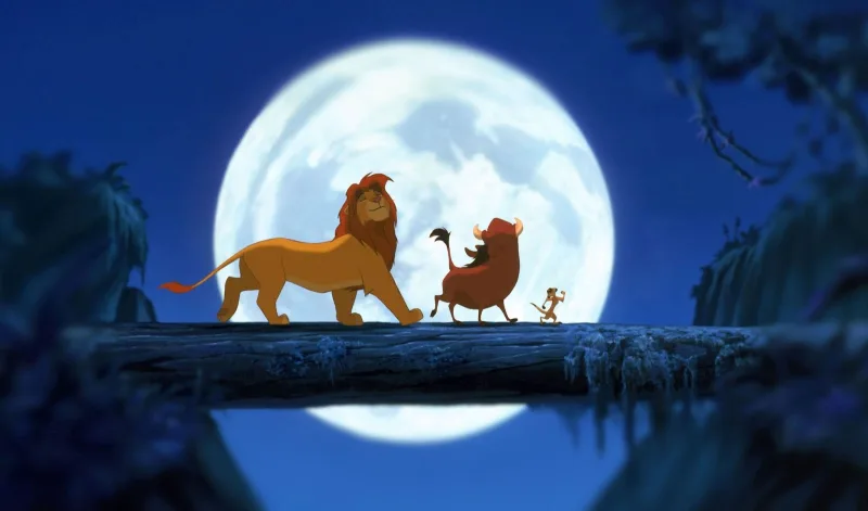 Σκηνή από την ταινία The Lion King με τον Σίμπα, τον Πούμπα και τον Τιμόν