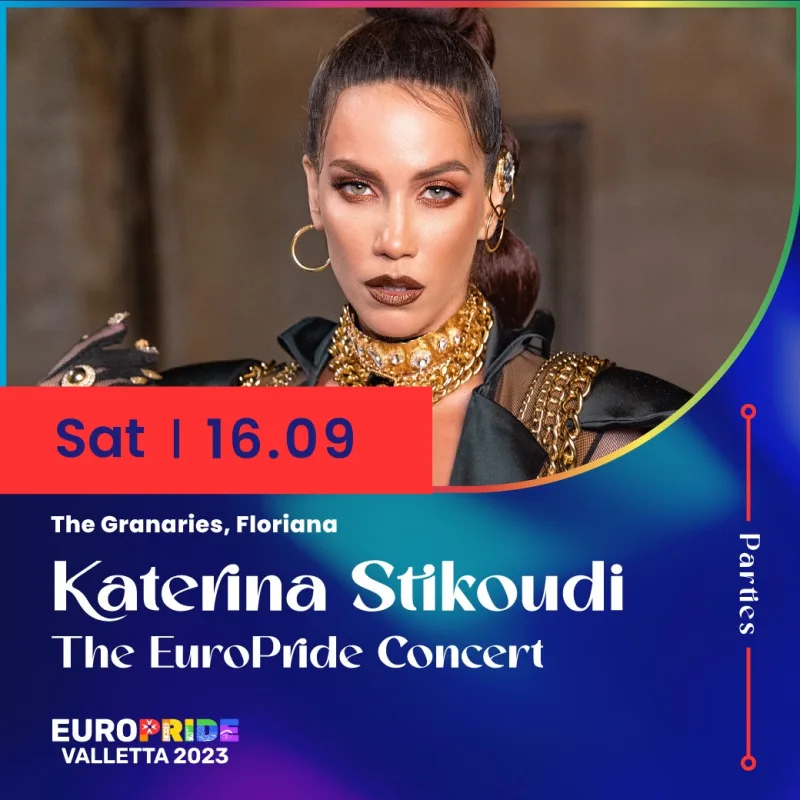 Η Κατερίνα Στικούδη σε αφίσα για το EuroPride Valletta 2023.