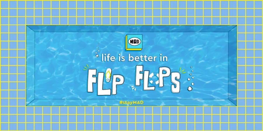 Γραφικό Mad Flip Flop Summer με πισίνα και το λογότυπο MAD.