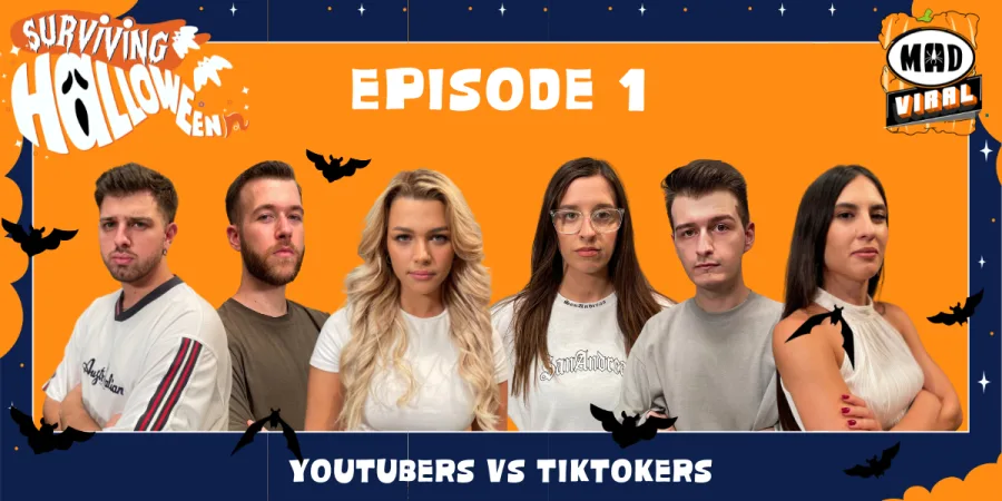 Έξι YouTubers και TikTokers σε προωθητική εικόνα για το Surviving Halloween του Mad Viral.