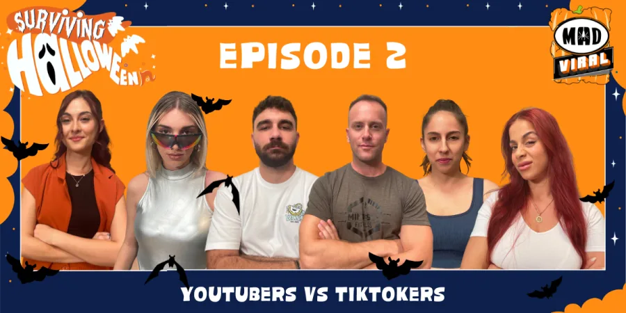 Έξι YouTubers και TikTokers σε προωθητική εικόνα για το Surviving Halloween του Mad Viral.