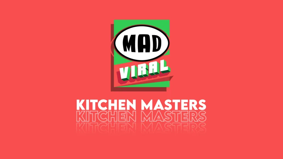 Λογότυπο της εκπομπής Mad Viral Kitchen Masters σε κόκκινο φόντο.