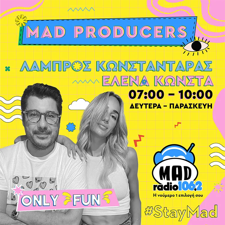 Δύο ραδιοφωνικοί παραγωγοί του Mad Radio 106.2 σε γραφιστική σύνθεση.
