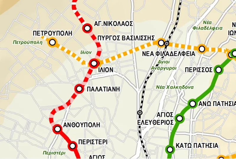 Χάρτης μετρό με την επέκταση της Κόκκινης Γραμμής 2 προς τη Δυτική Αττική.