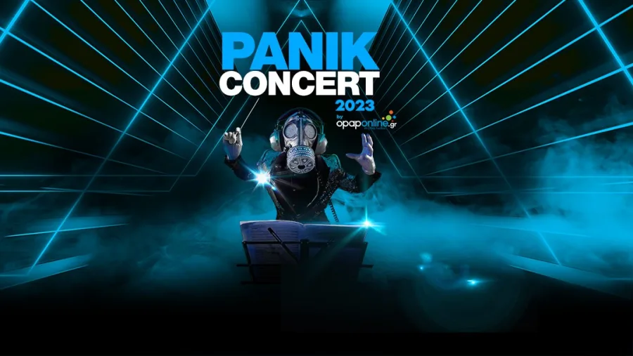 Αφίσα για το Panik Concert 2023 με φιγούρα που φοράει μάσκα αερίων.