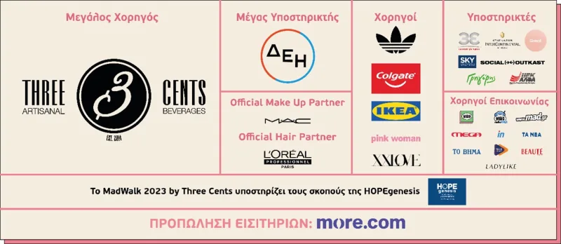 Λογότυπα χορηγών και υποστηρικτών του MadWalk 2023 by Three Cents.