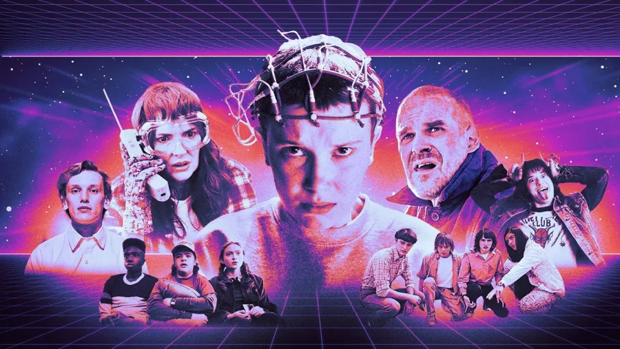 Κολάζ με τους πρωταγωνιστές της σειράς Stranger Things σε ρετρό αισθητική.