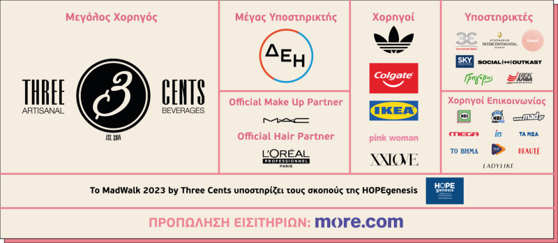 Λογότυπα χορηγών και υποστηρικτών του MadWalk 2023 by Three Cents.