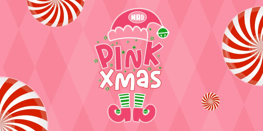 Γραφικό για την καμπάνια MAD Pink Xmas με ροζ φόντο και χριστουγεννιάτικα στοιχεία.