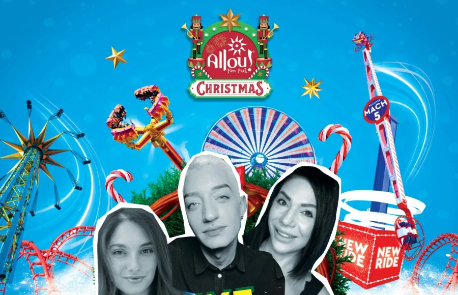 Αφίσα για το Pre Xmas Booster Party στο Allou! Fun Park με παραγωγούς του Mad Radio 106,2.