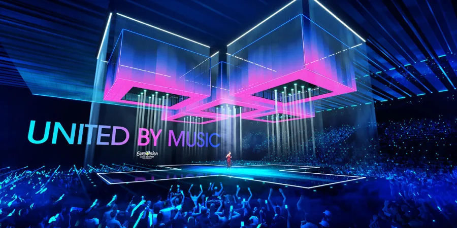 Η σκηνή της Eurovision 2024 στο Μάλμε με φωτιζόμενους κύβους και το σύνθημα United By Music.