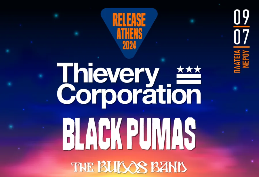Αφίσα του Release Athens 2024 με Thievery Corporation, Black Pumas και The Budos Band.