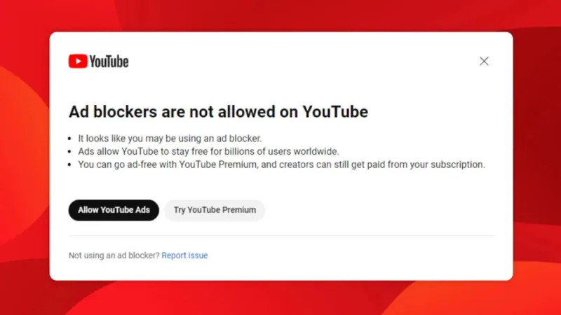 Μήνυμα του YouTube για την απαγόρευση των ad blockers.